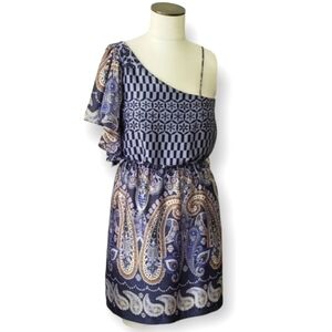 Teeze Me Paisley print dress ruffle sleeve one shoulder 70s style Size Small